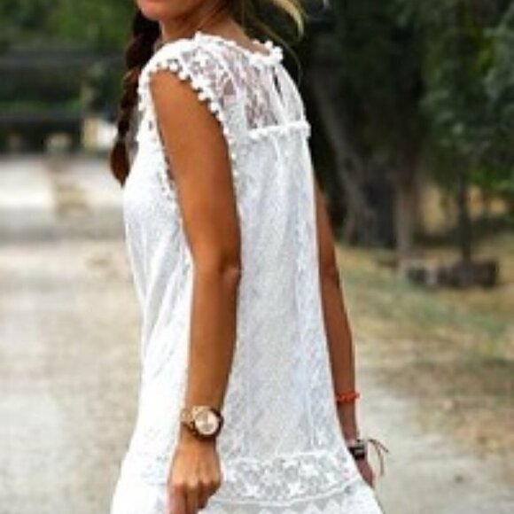 SI MAIER White Summer Boho Lace Overlay Pom Pom Sleeveless Mini Dress Size XL - Picture 3 of 15